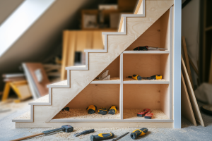 meuble-sous-escalier-bois-outils-sciure