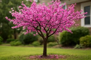 arbre-cercis-fleurs-roses-jardin flou