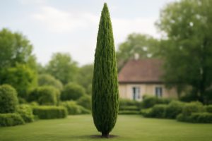 cyprès-elegant-jardin-maison-arriere-plan
