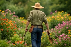 jardinier-outils-chapeau-jardin-fleuri
