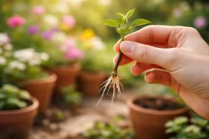 main-branche-racines-jardin-fleurs