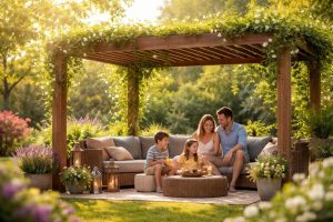 pergola-bois-famille-jardin-arbres