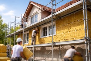 maison-echafaudages-materiau-isolant-ciel-clair