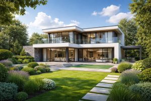 maison-moderne-jardin-vegetation-ciel-bleu