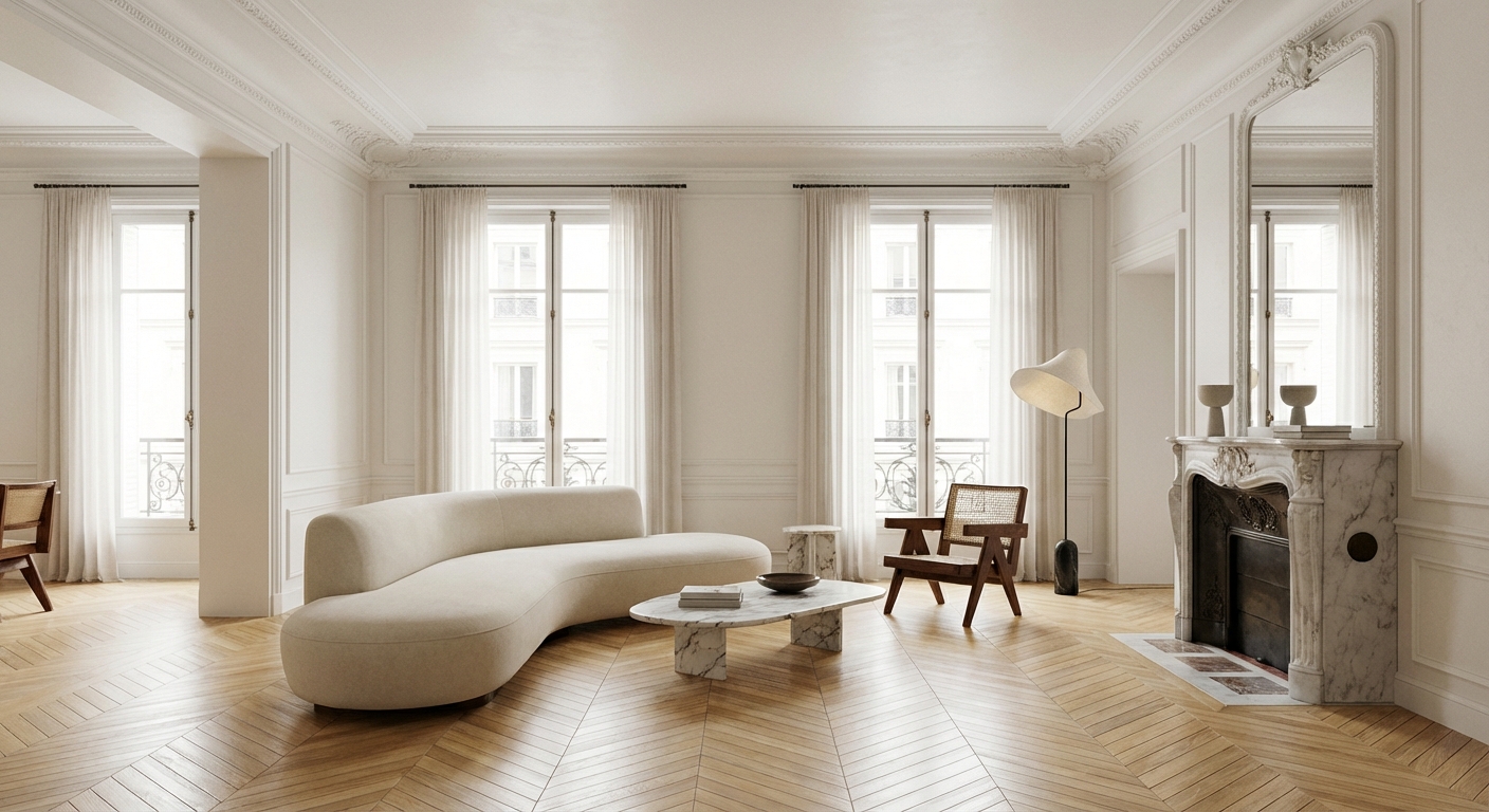 rénovation d'un appartement haussmannien parisien avec parquet rénové et peinture fraîche dans le salon