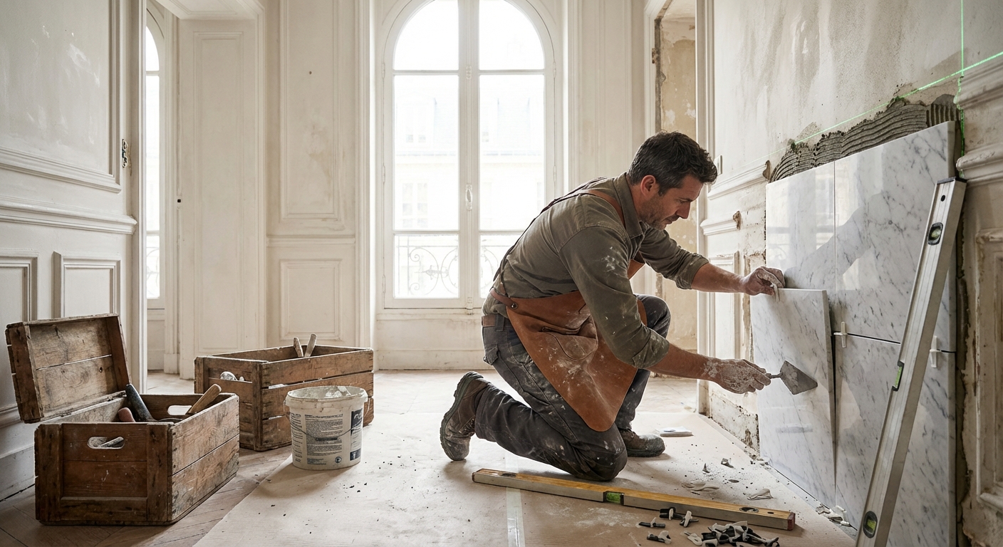 artisan posant du carrelage dans une salle de bain en cours de rénovation à Paris